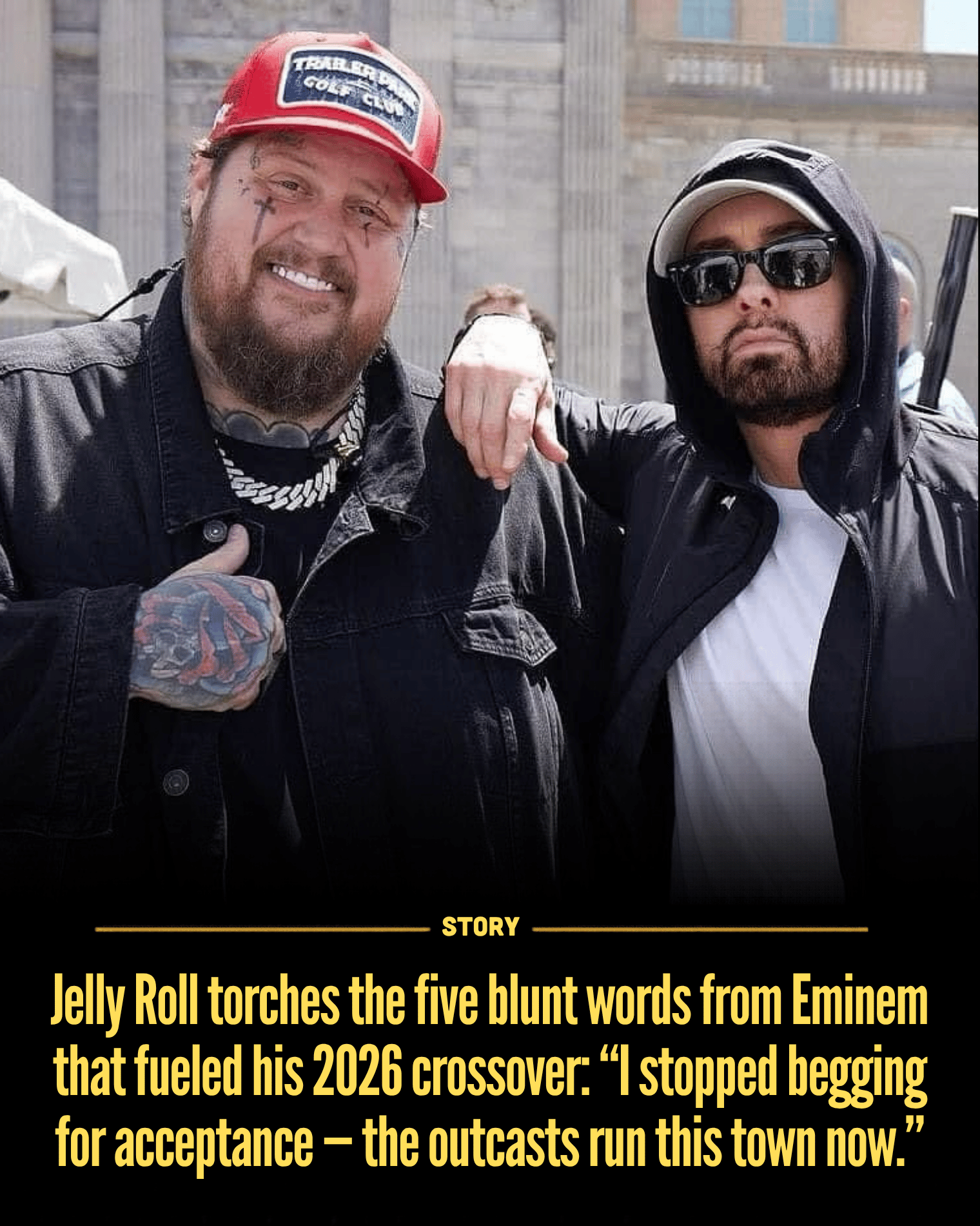 Jelly Roll torches the five blunt words from Eminem that fueled his 2026 crossover: “I stopped begging for acceptance — the outcasts run this town now.”