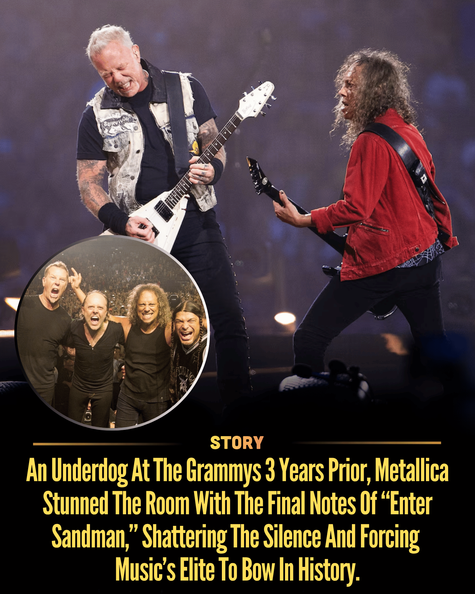 An Underdog At The Grammys 3 Years Prior, Metallica Stunned The Room With The Final Notes Of “Enter Sandman,” Shattering The Silence And Forcing Music’s Elite To Bow In History.