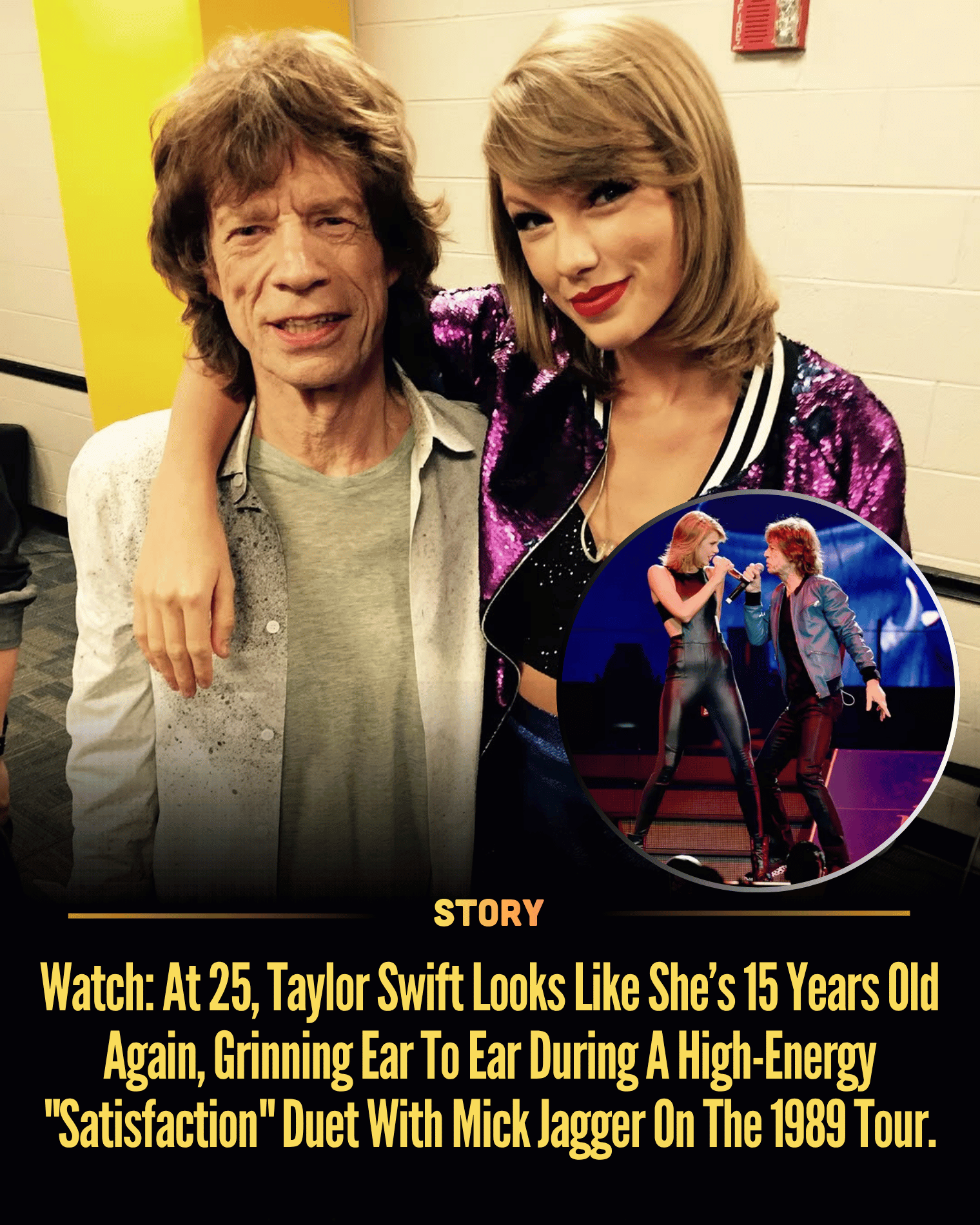 Watch: At 25, Taylor Swift Looks Like She’s 15 Years Old Again, Grinning Ear To Ear During A High-Energy “Satisfaction” Duet With Mick Jagger On The 1989 Tour.