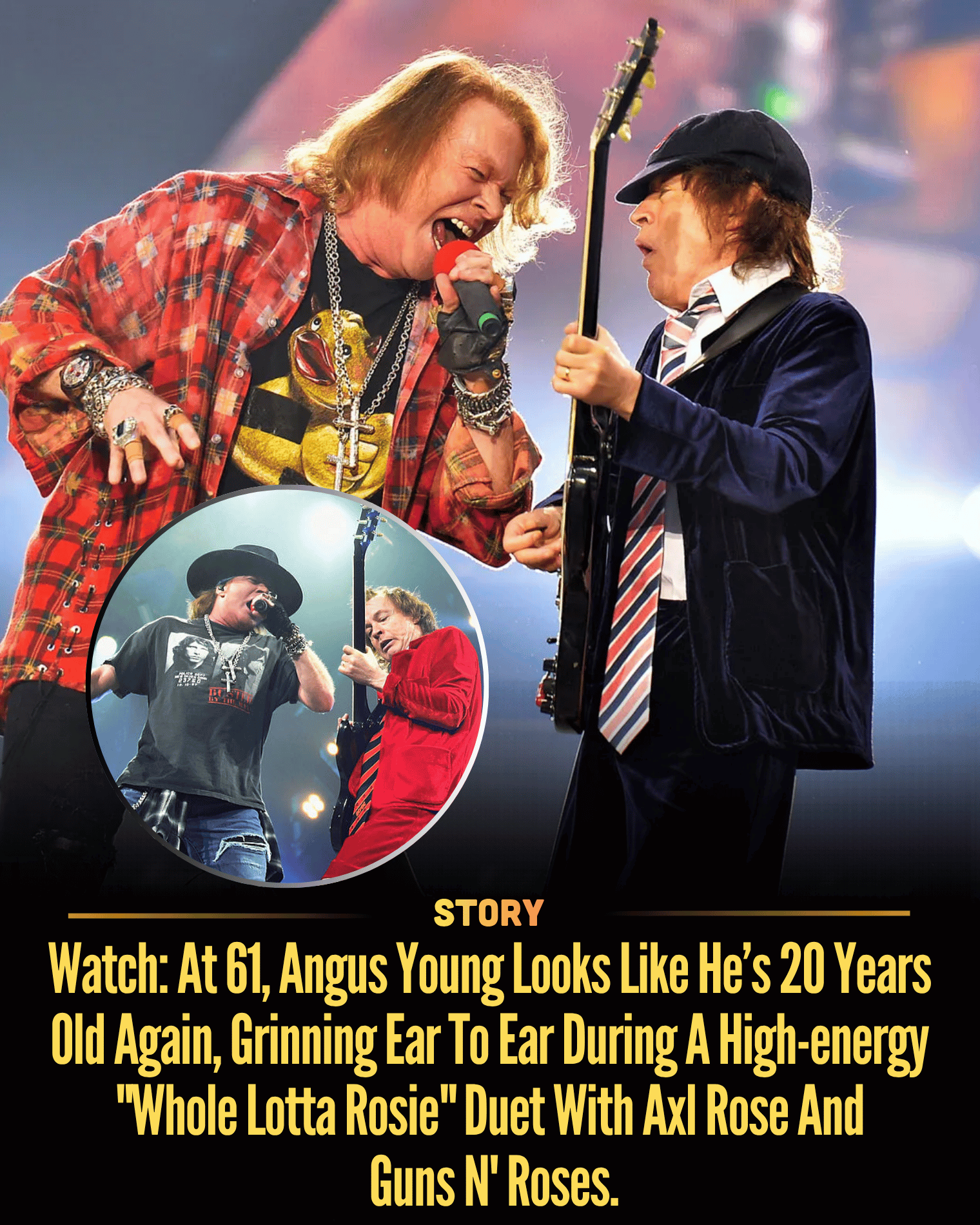 Watch: At 61, Angus Young Looks Like He’s 20 Years Old Again, Grinning Ear To Ear During A High-energy “Whole Lotta Rosie” Duet With Axl Rose And Guns N’ Roses.