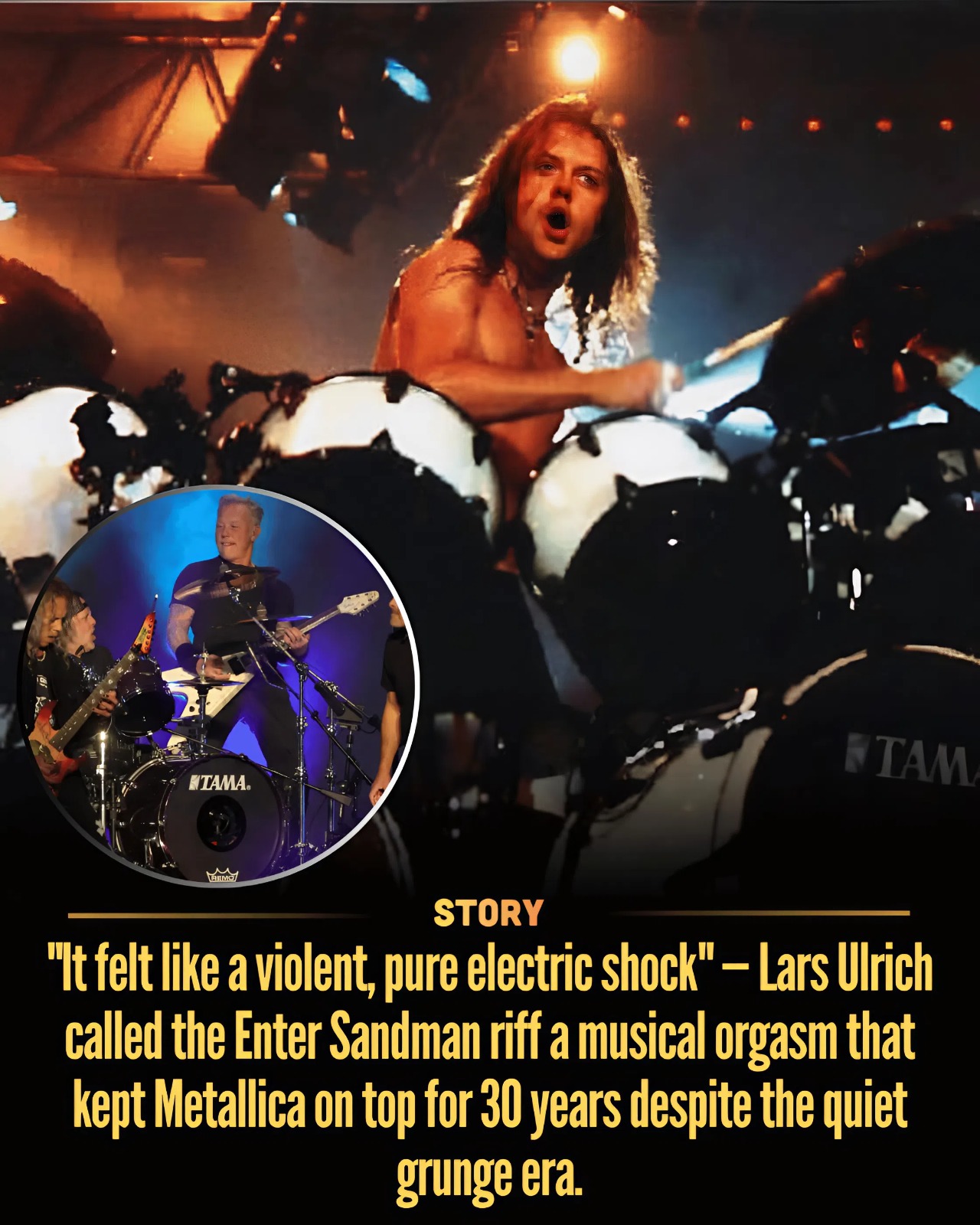 “It felt like a violent, pure electric shock” — Lars Ulrich called the Enter Sandman riff a musical orgasm that kept Metallica on top for 30 years despite the quiet grunge era.