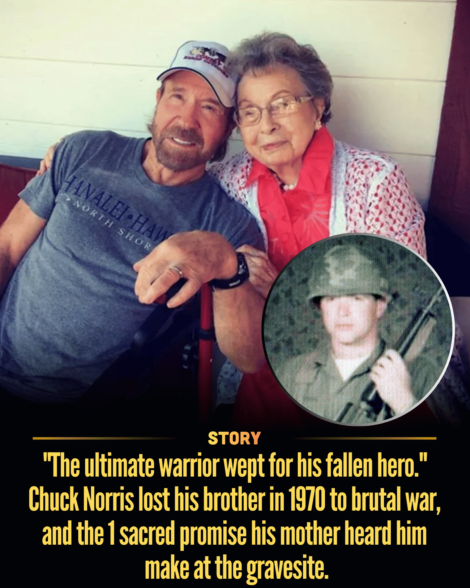 “The ultimate warrior wept for his fallen hero.” Chuck Norris lost his brother in 1970 to brutal war, and the 1 sacred promise his mother heard him make at the gravesite.