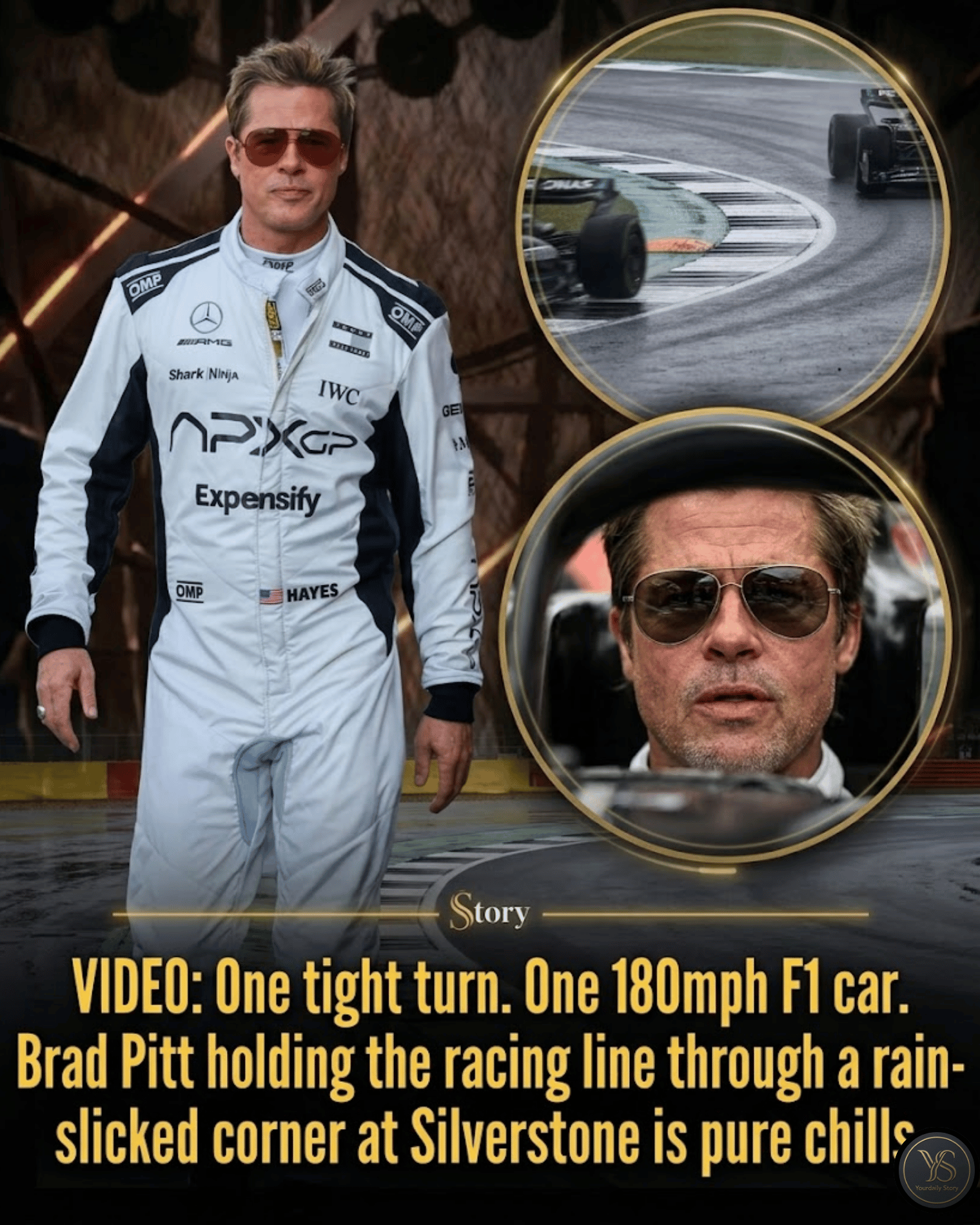 VIDEO: One tight turn. One 180mph F1 car. Brad Pitt holding the racing line through a rain-slicked corner at Silverstone is pure chills.