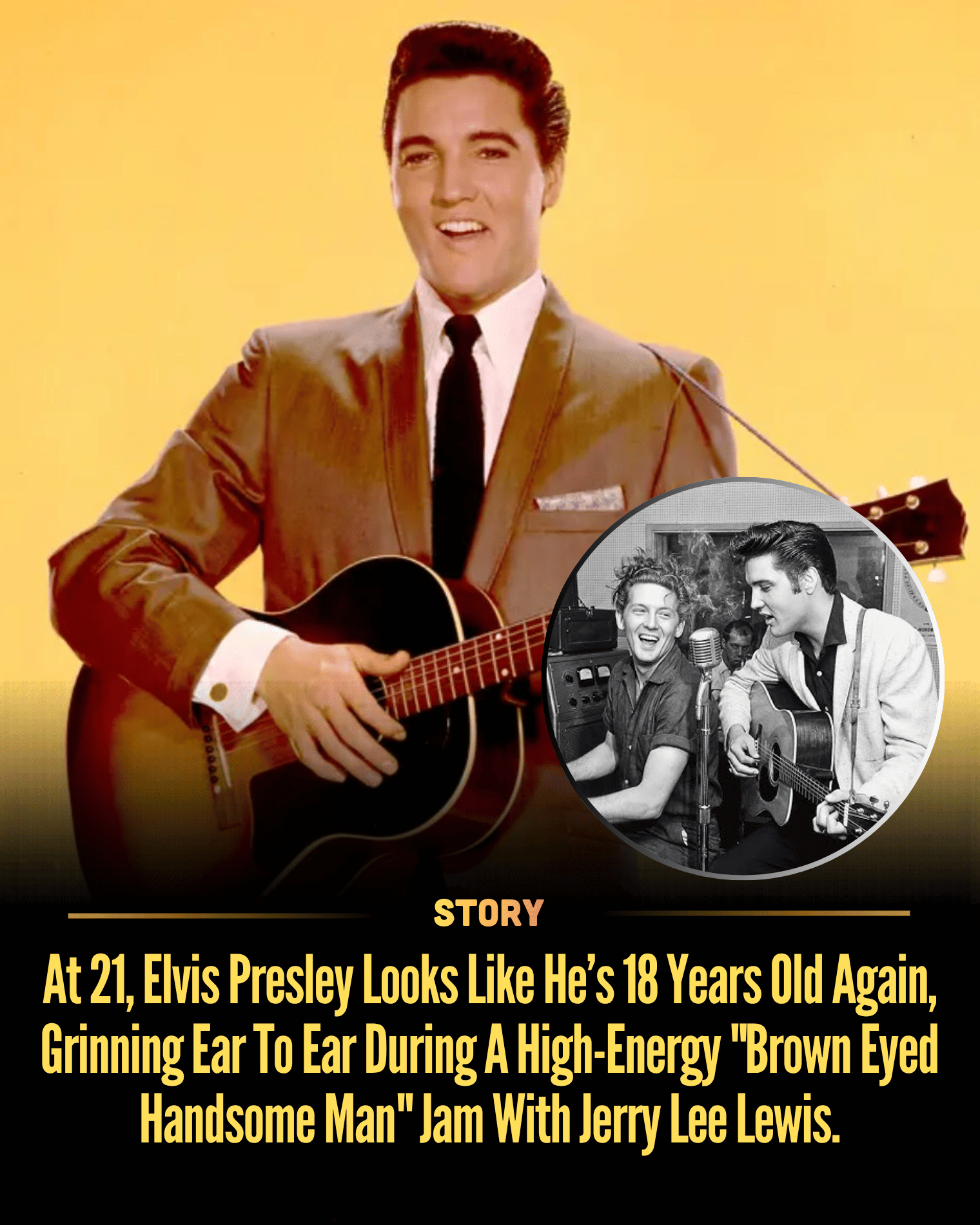 At 21, Elvis Presley Looks Like He’s 18 Years Old Again, Grinning Ear To Ear During A High-Energy “Brown Eyed Handsome Man” Jam With Jerry Lee Lewis.