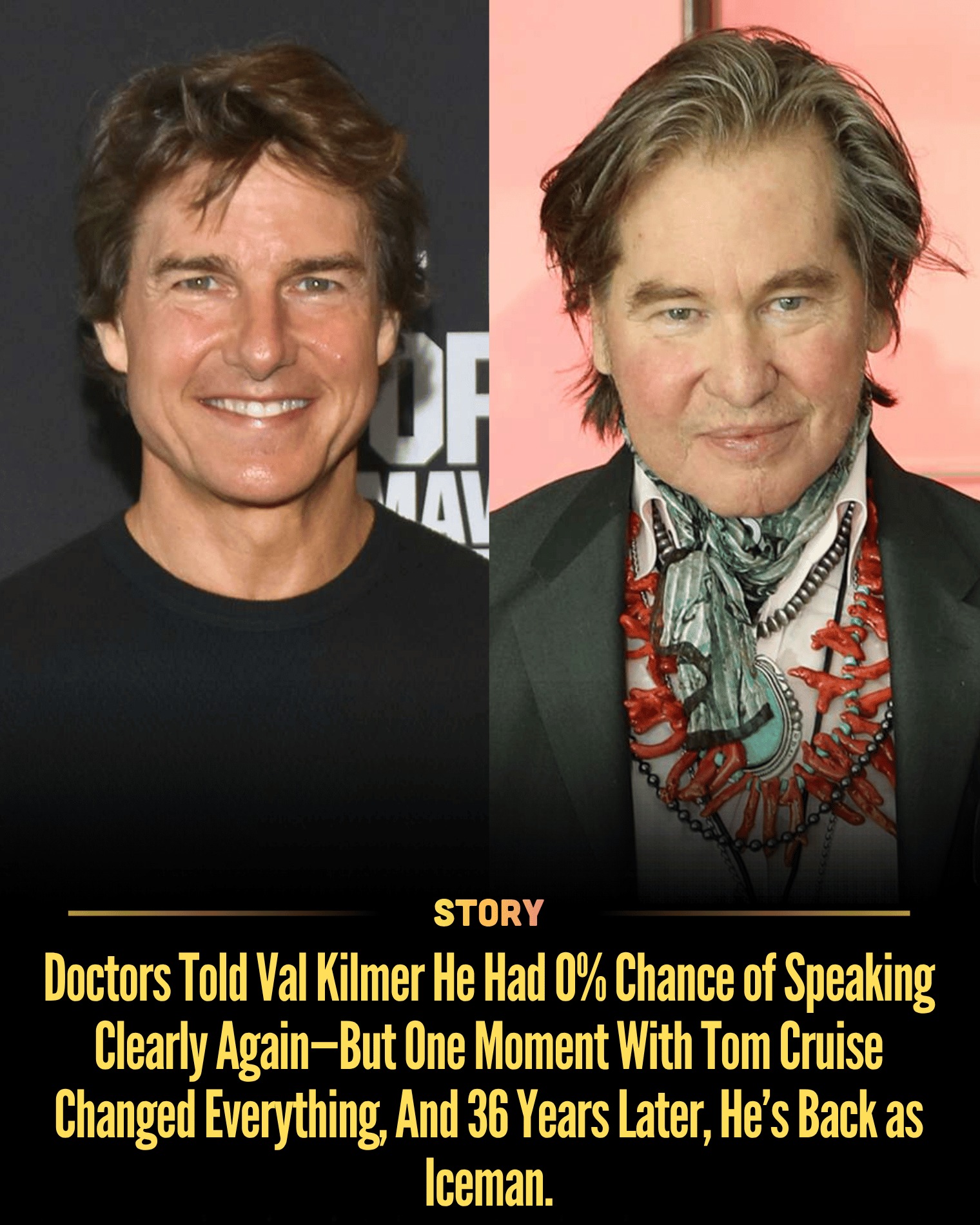 Doctors Told Val Kilmer He Had 0% Chance of Speaking Clearly Again—But One Moment With Tom Cruise Changed Everything, And 36 Years Later, He’s Back as Iceman.