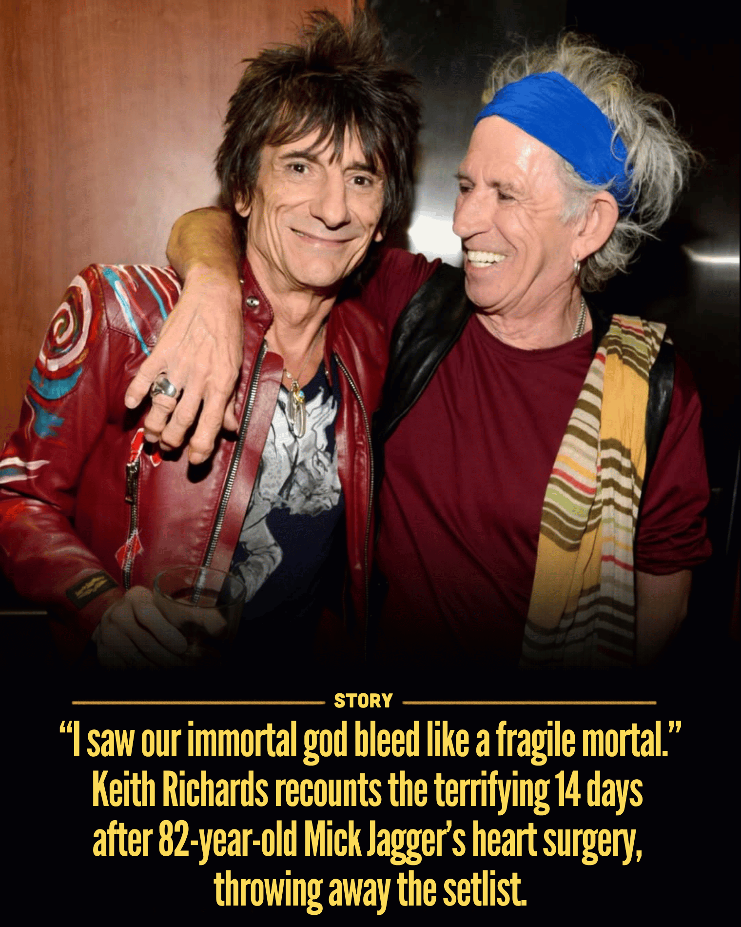 “I saw our immortal god bleed like a fragile mortal.” Keith Richards recounts the terrifying 14 days after 82-year-old Mick Jagger’s heart surgery, throwing away the setlist.