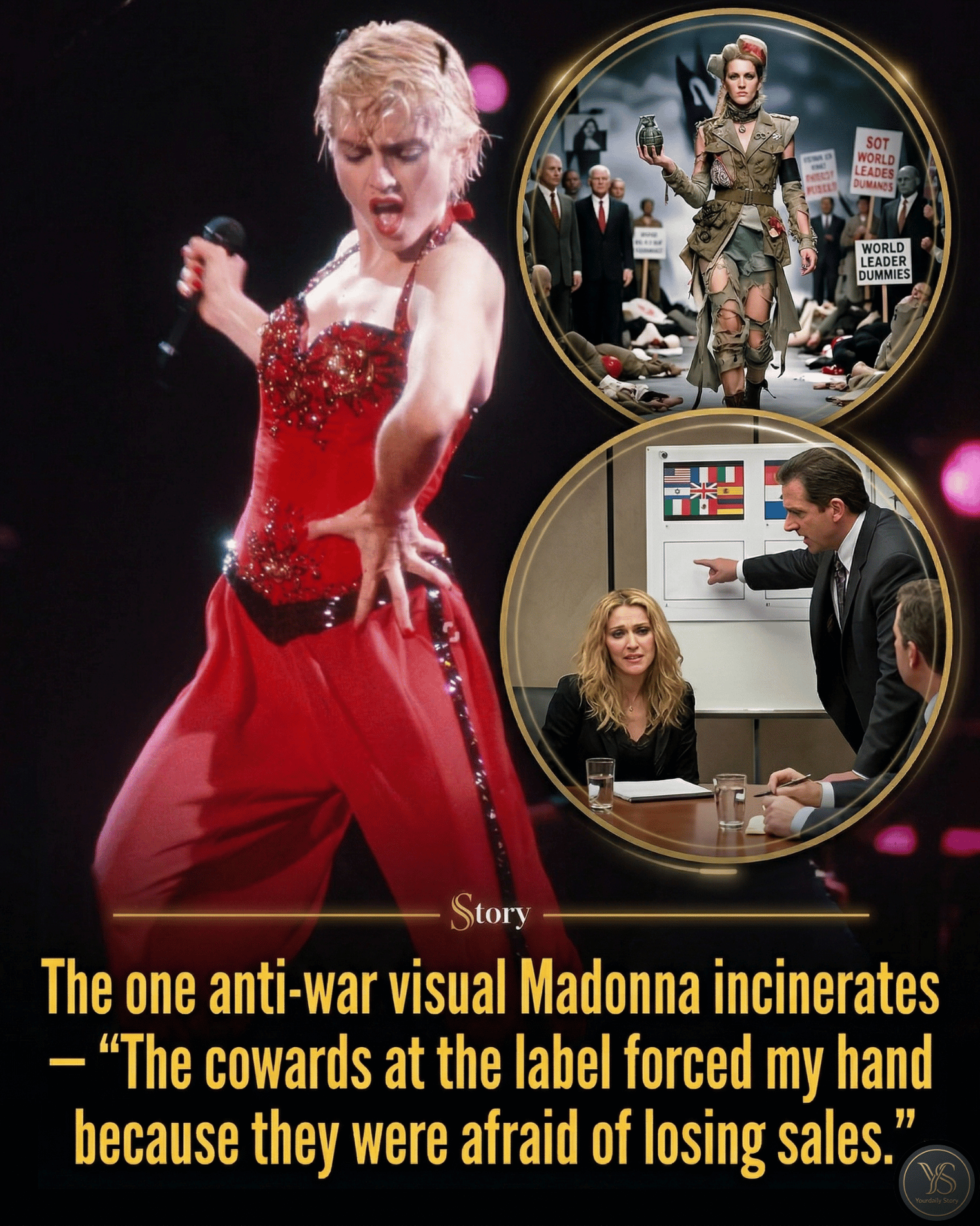 The one anti-war visual Madonna incinerates — “The cowards at the label forced my hand because they were afraid of losing sales.”