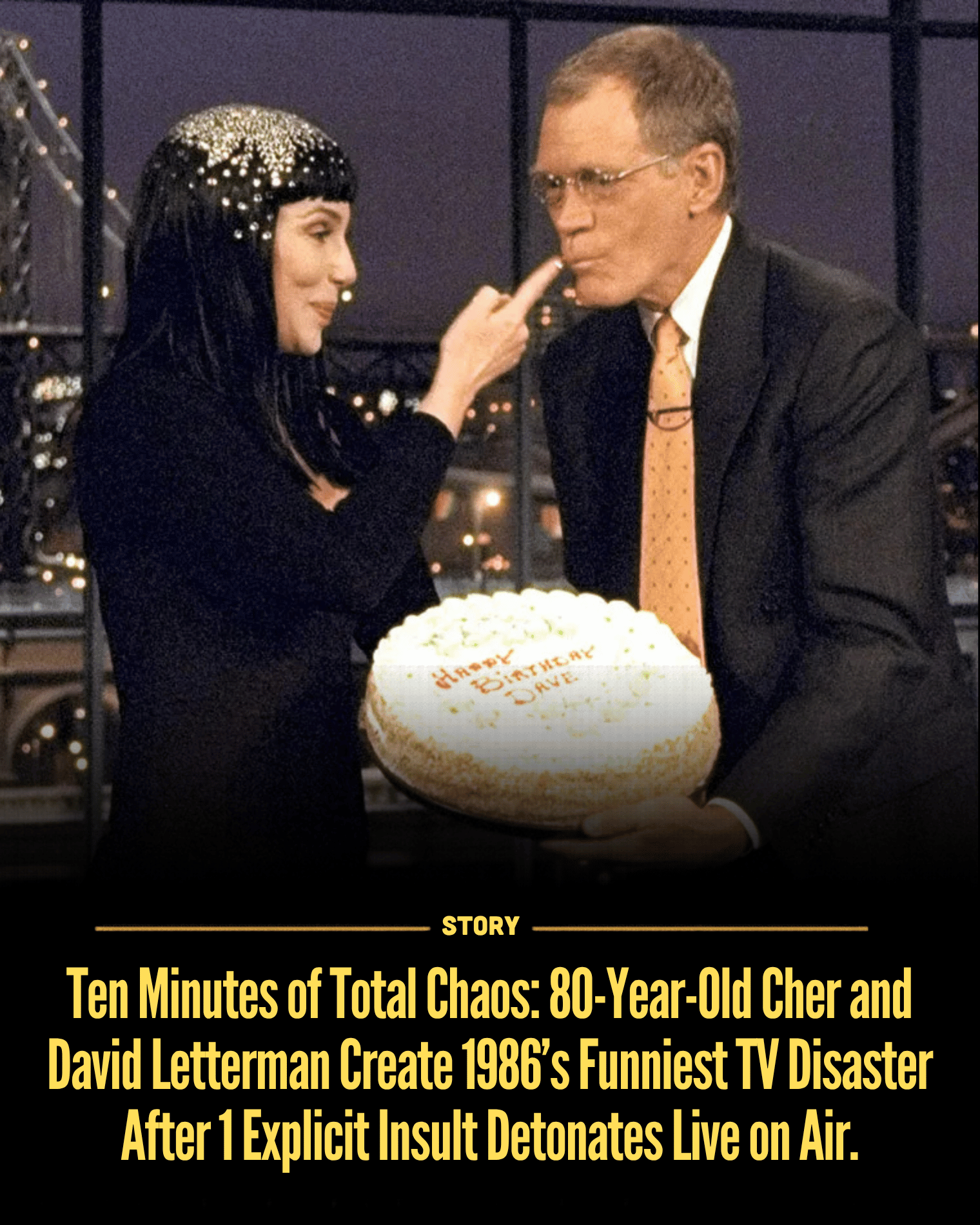 Ten Minutes of Total Chaos: 80-Year-Old Cher and David Letterman Create 1986’s Funniest TV Disaster After 1 Explicit Insult Detonates Live on Air.
