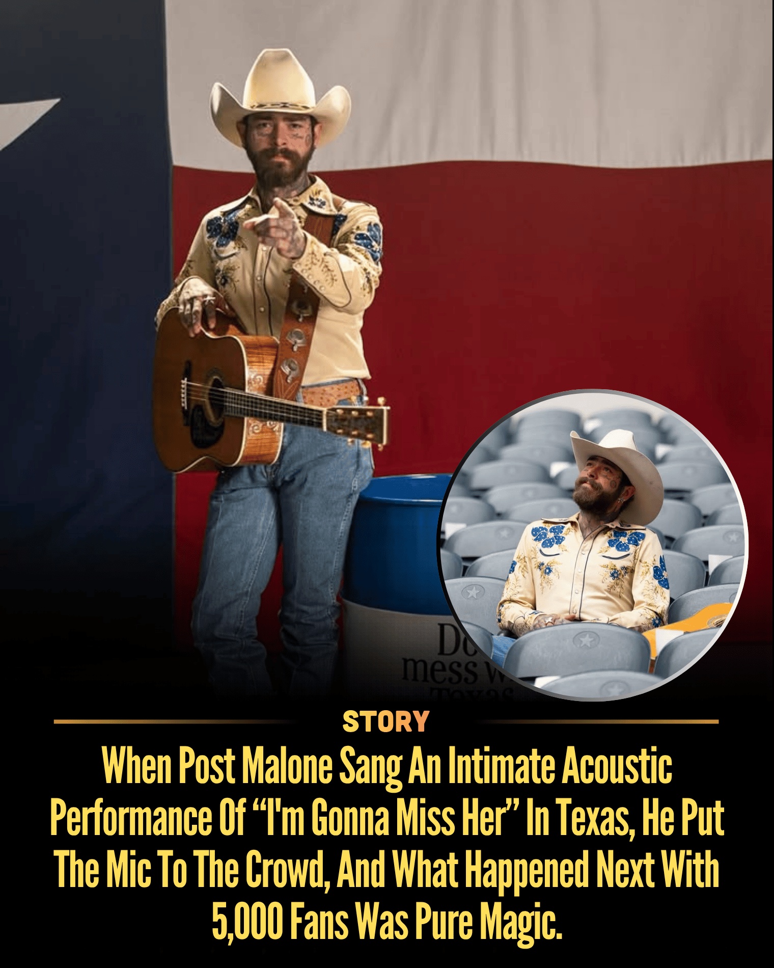 When Post Malone Sang An Intimate Acoustic Performance Of “I’m Gonna Miss Her” In Texas, He Put The Mic To The Crowd, And What Happened Next With 5,000 Fans Was Pure Magic.