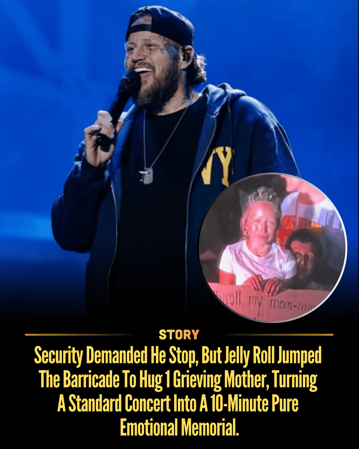 Security Demanded He Stop, But Jelly Roll Jumped The Barricade To Hug 1 Grieving Mother, Turning A Standard Concert Into A 10-Minute Pure Emotional Memorial.
