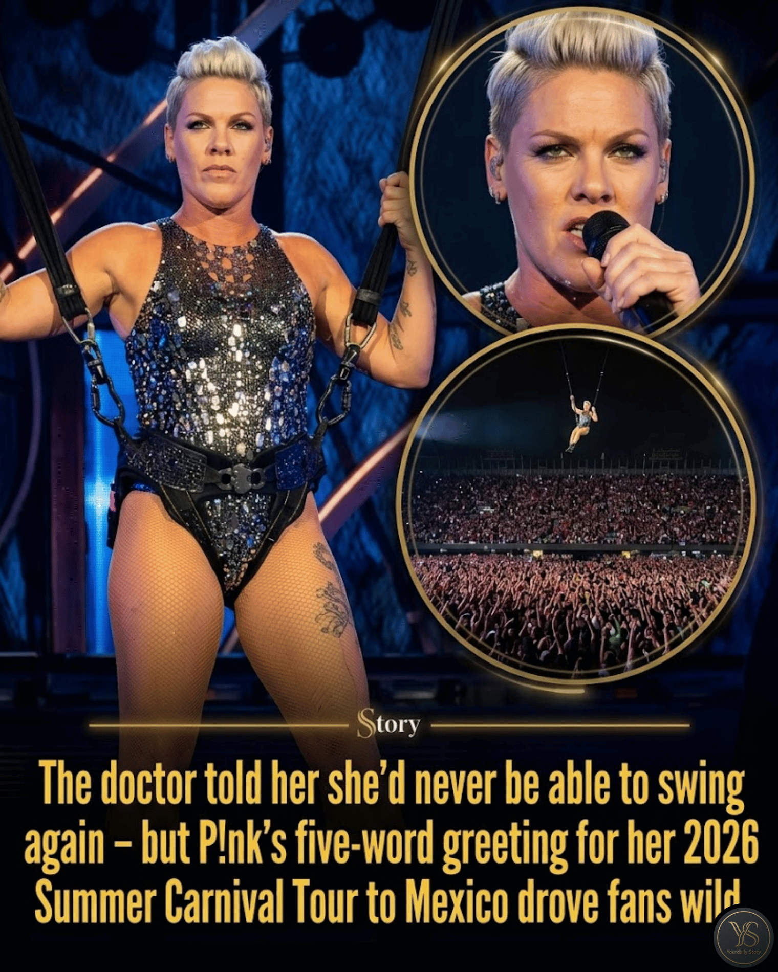 The doctor told her she’d never be able to swing again – but P!nk’s five-word greeting for her 2026 Summer Carnival Tour to Mexico drove fans wild.