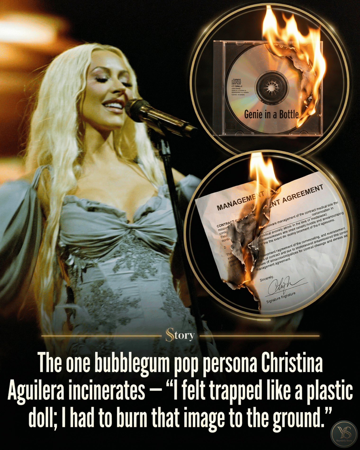 The one bubblegum pop persona Christina Aguilera incinerates — “I felt trapped like a plastic doll; I had to burn that image to the ground.”
