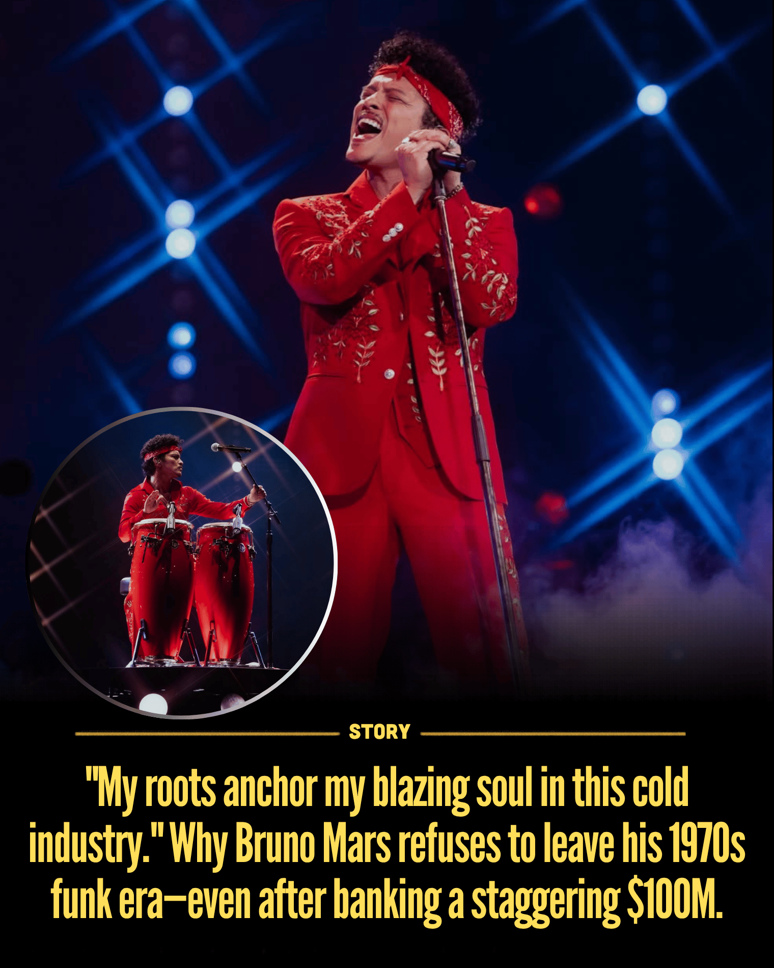 “My roots anchor my blazing soul in this cold industry.” Why Bruno Mars refuses to leave his 1970s funk era—even after banking a staggering $100M.