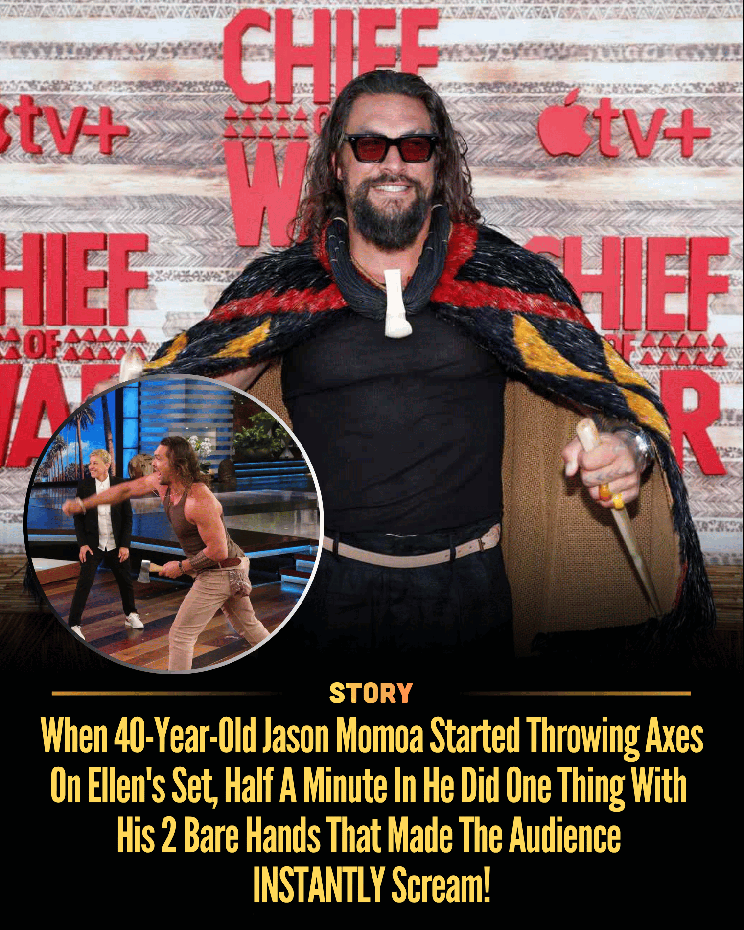 When 40-Year-Old Jason Momoa Started Throwing Axes On Ellen’s Set, Half A Minute In He Did One Thing With His 2 Bare Hands That Made The Audience INSTANTLY Scream!