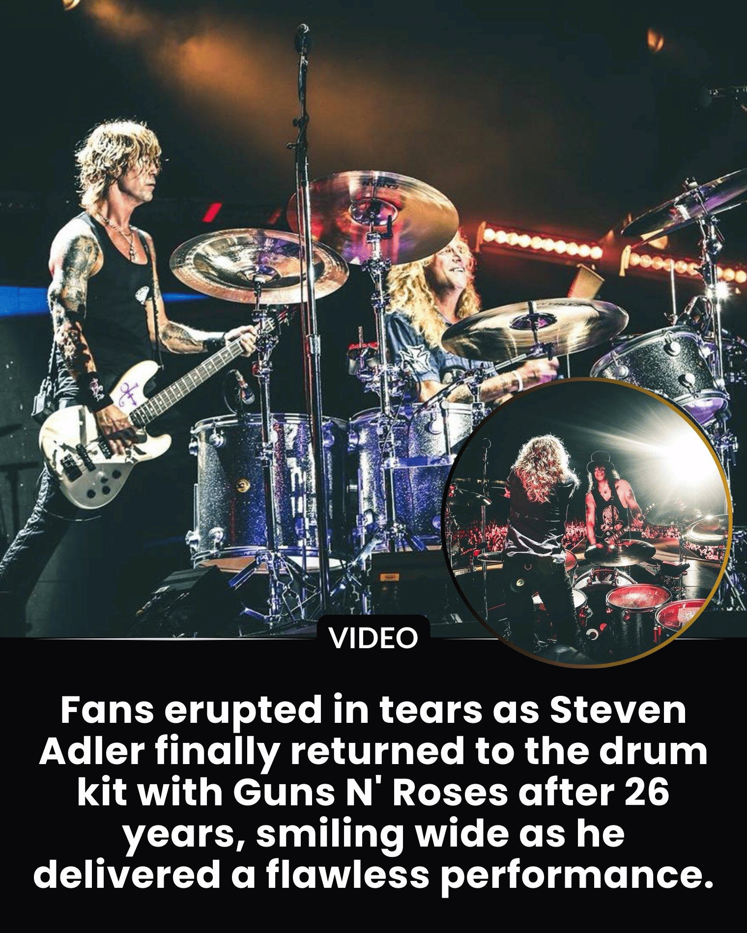 Fans erupted in tears as Steven Adler finally returned to the drum kit with Guns N’ Roses after 26 years, smiling wide as he delivered a flawless performance. After 26 long years, the original drummer of Guns N’ Roses, Steven Adler, finally rejoined his bandmates on stage during the “Not In This Lifetime…” Tour