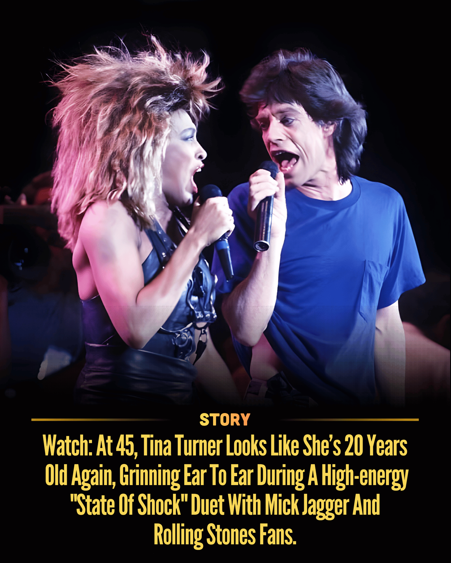 Watch: At 45, Tina Turner Looks Like She’s 20 Years Old Again, Grinning Ear To Ear During A High-energy “State Of Shock” Duet With Mick Jagger And Rolling Stones Fans.