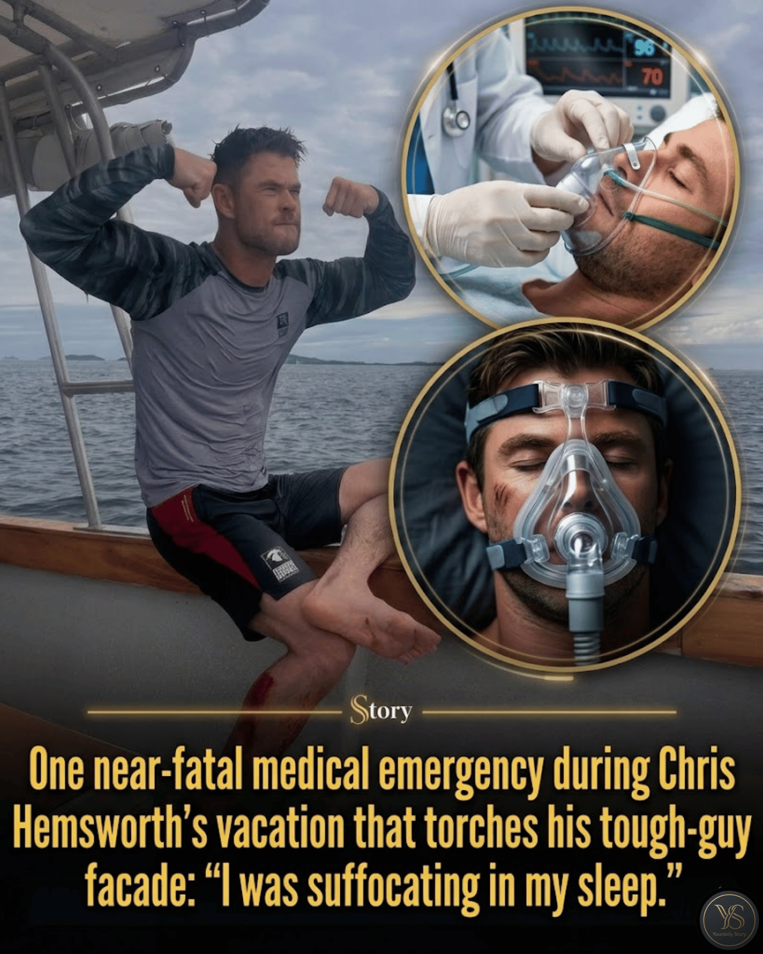 One near-fatal medical emergency during Chris Hemsworth’s vacation that torches his tough-guy facade: “I was suffocating in my sleep.”