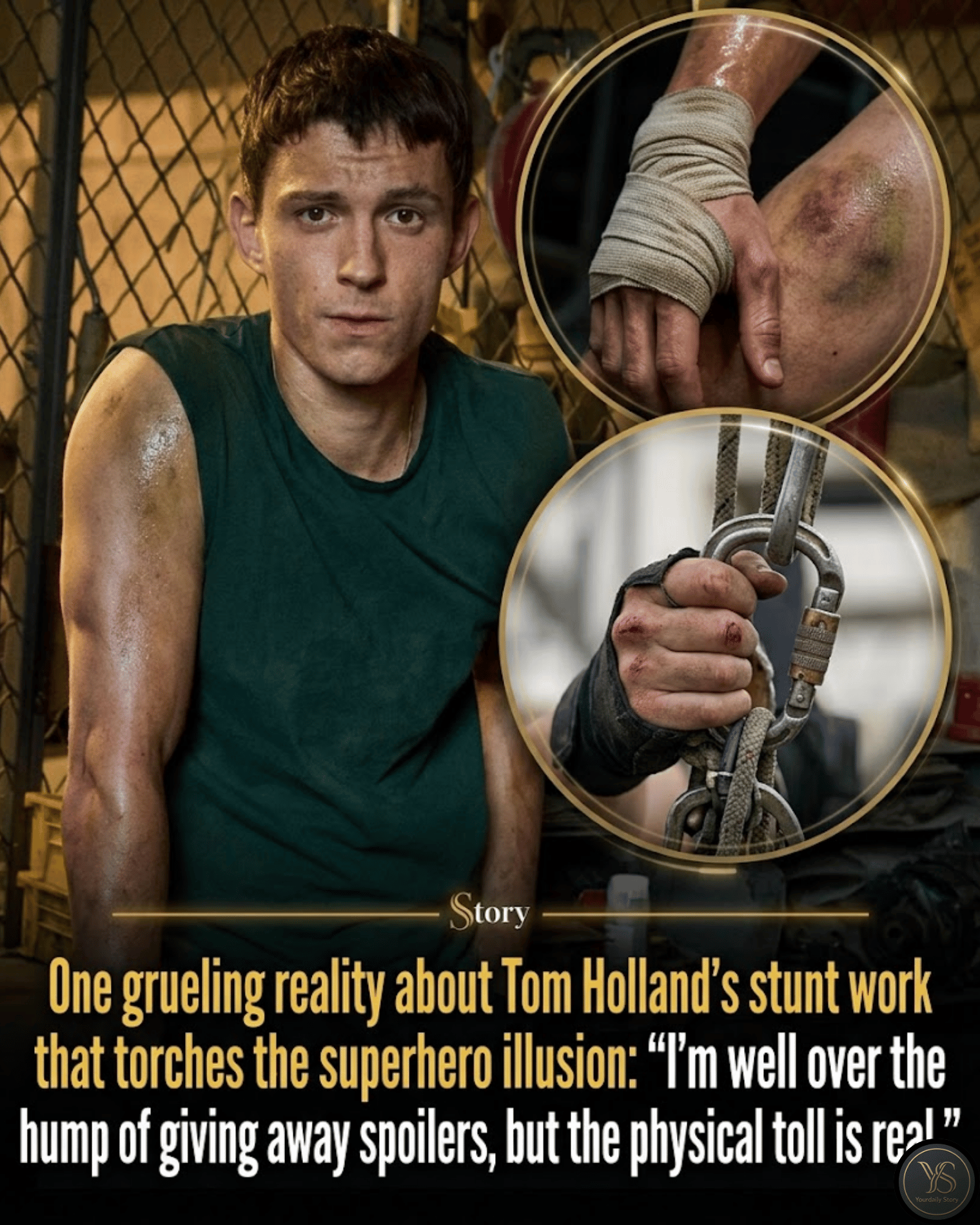 One grueling reality about Tom Holland’s stunt work that torches the superhero illusion: “I’m well over the hump of giving away spoilers, but the physical toll is real.”