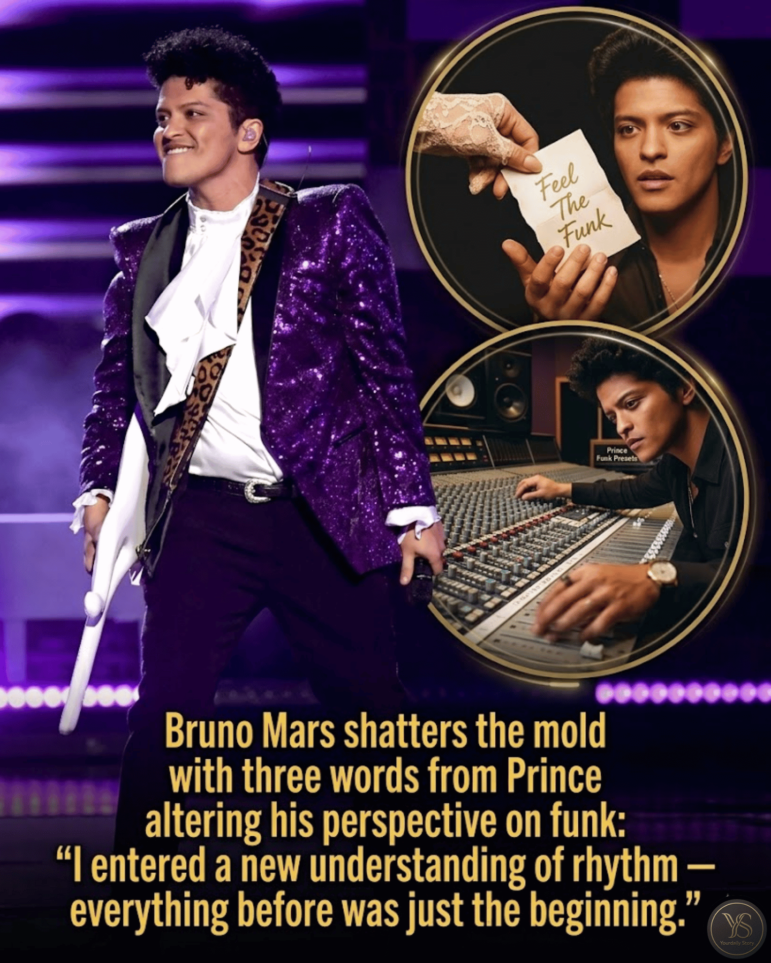 Bruno Mars shatters the mold with three words from Prince altering his perspective on funk: “I entered a new understanding of rhythm — everything before was just the beginning.”