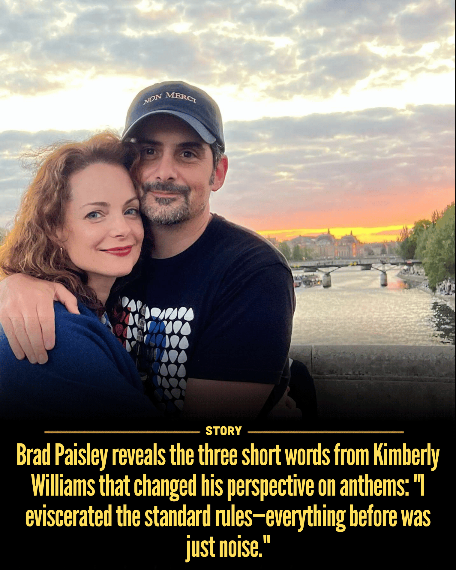 Brad Paisley reveals the three short words from Kimberly Williams that changed his perspective on anthems: “I eviscerated the standard rules—everything before was just noise.”