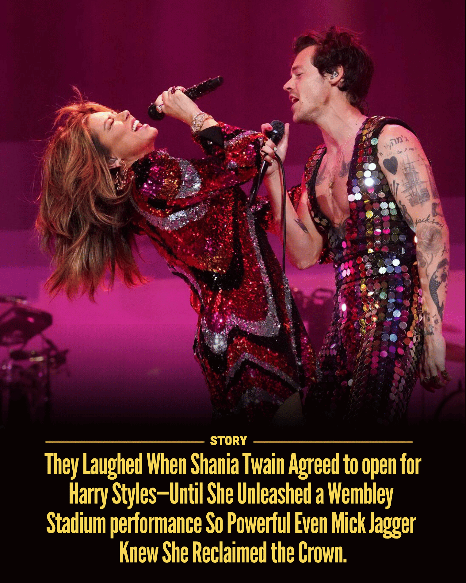 They Laughed When Shania Twain Agreed to open for Harry Styles—Until She Unleashed a Wembley Stadium performance So Powerful Even Mick Jagger Knew She Reclaimed the Crown.