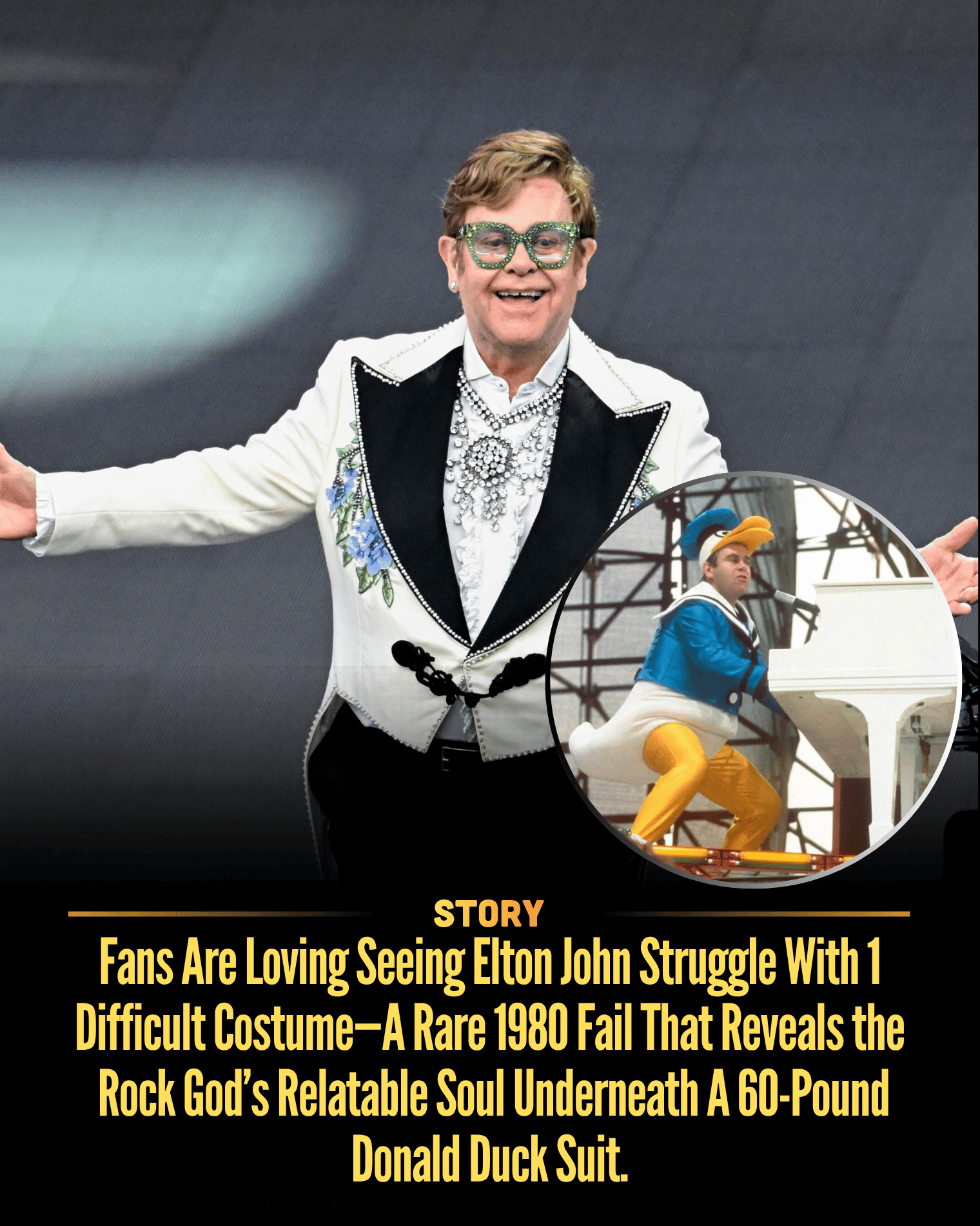Fans Are Loving Seeing Elton John Struggle With 1 Difficult Costume—A Rare 1980 Fail That Reveals the Rock God’s Relatable Soul Underneath A 60-Pound Donald Duck Suit.