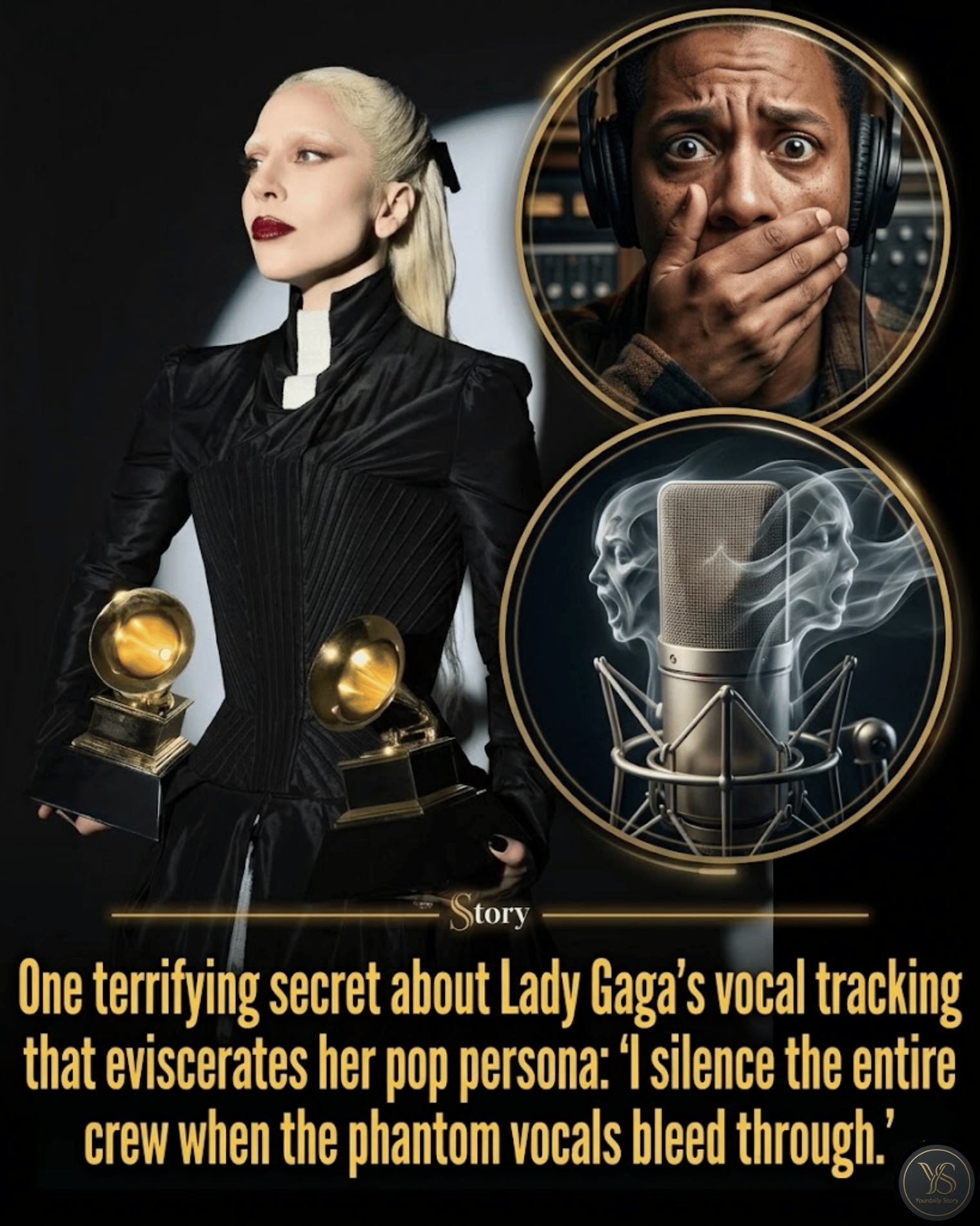 One terrifying secret about Lady Gaga’s vocal tracking that eviscerates her pop persona: “I silence the entire crew when the phantom vocals bleed through.”
