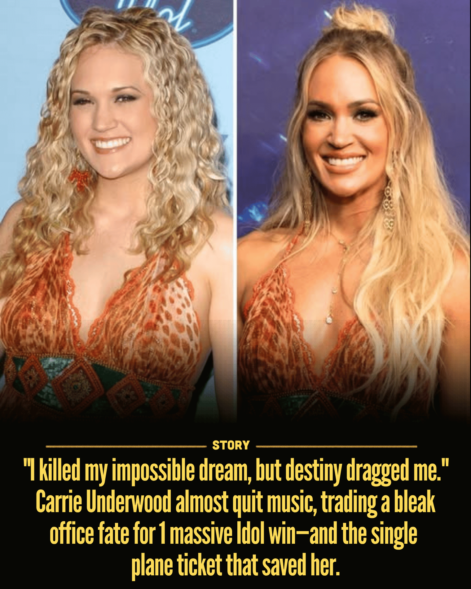 “I killed my impossible dream, but destiny dragged me.” Carrie Underwood almost quit music, trading a bleak office fate for 1 massive Idol win—and the single plane ticket that saved her.