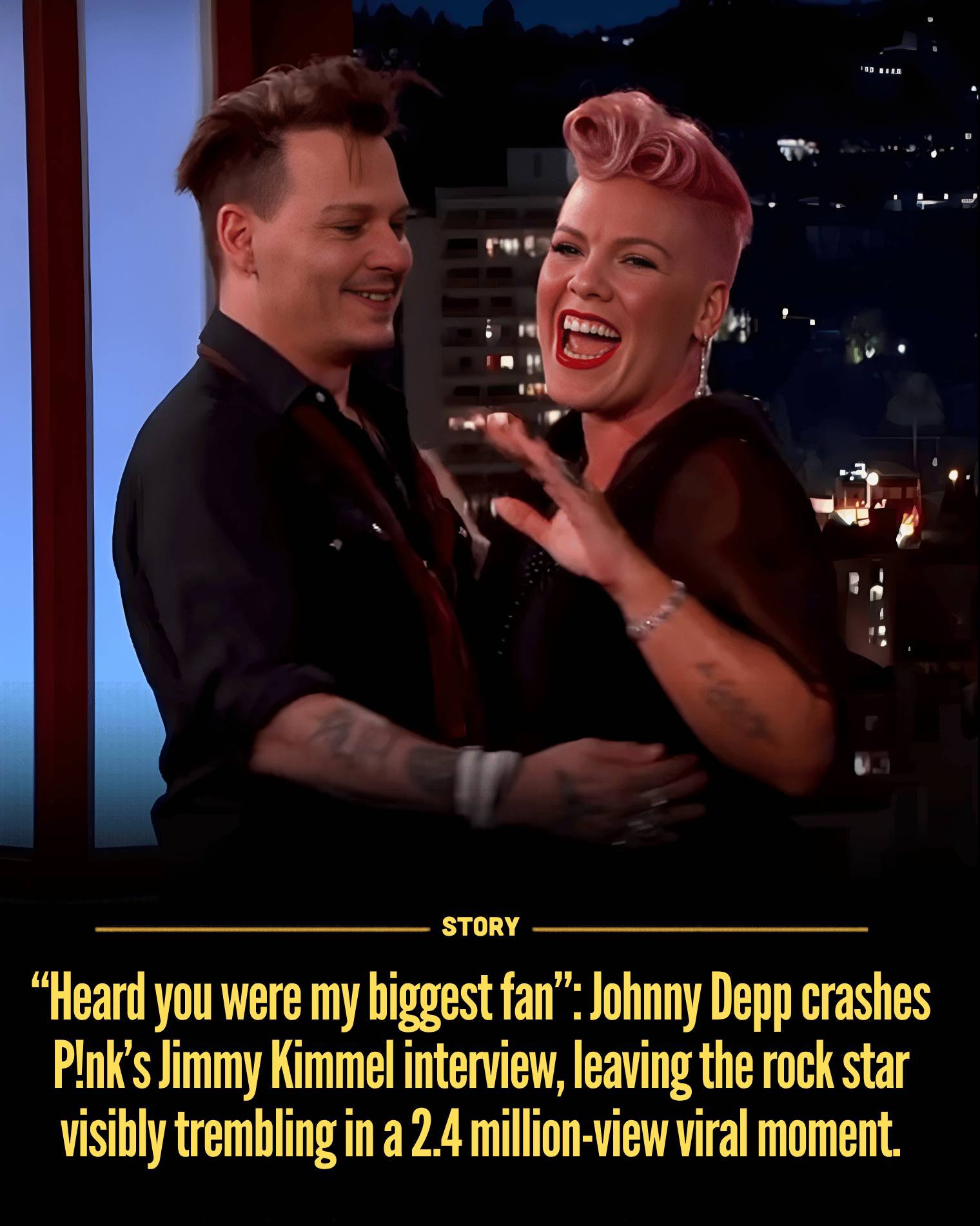 “Heard you were my biggest fan”: Johnny Depp crashes P!nk’s Jimmy Kimmel interview, leaving the rock star visibly trembling in a 2.4 million-view viral moment.