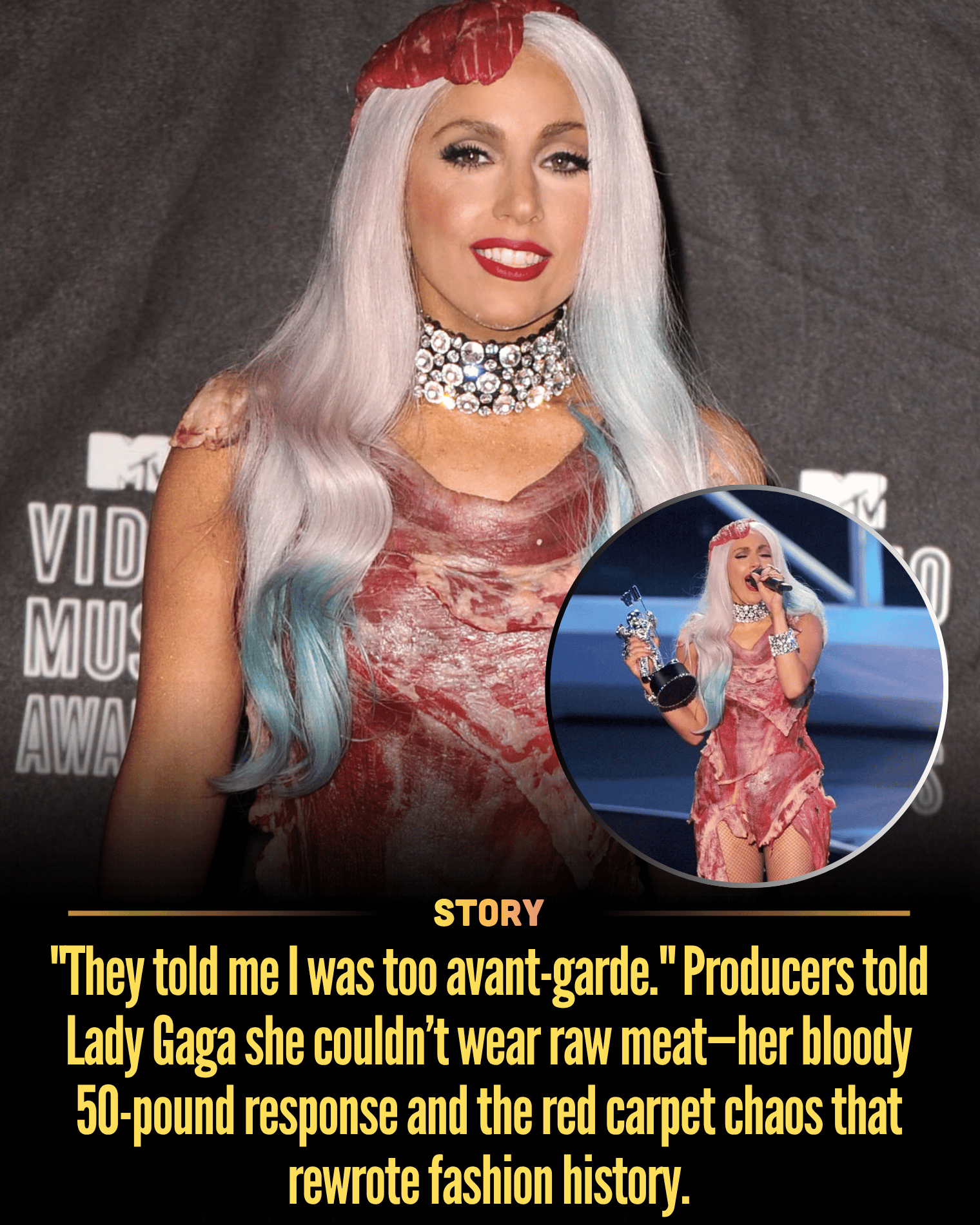 “They told me I was too avant-garde.” Producers told Lady Gaga she couldn’t wear raw meat—her bloody 50-pound response and the red carpet chaos that rewrote fashion history.