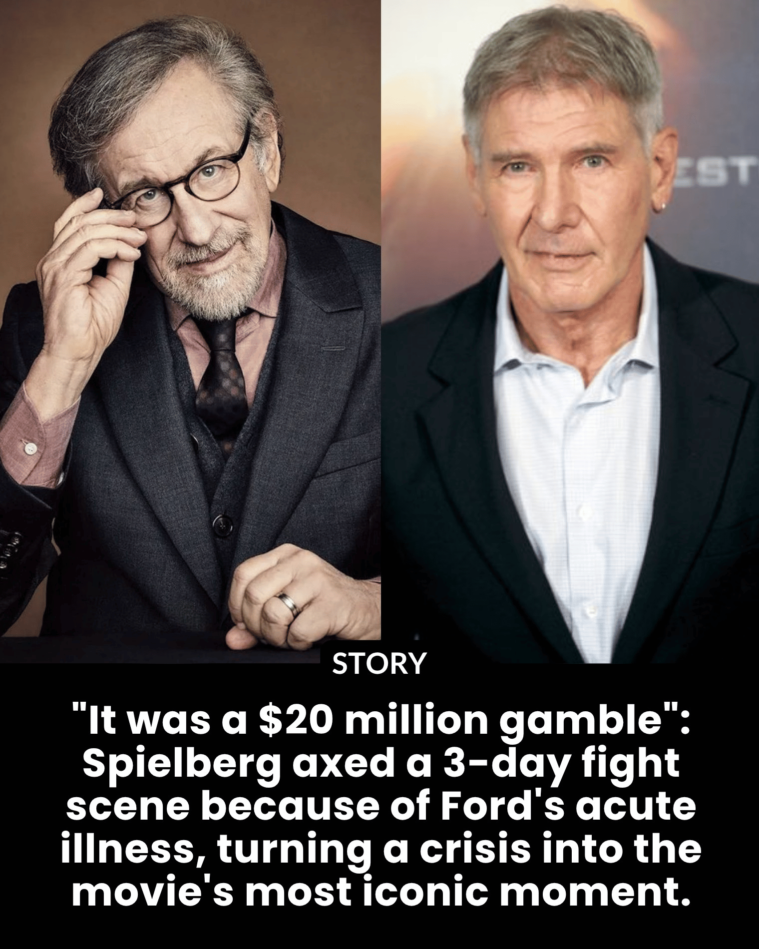 “It was a $20 million gamble”: Spielberg axed a 3-day fight scene because of Ford’s acute illness, turning a crisis into the movie’s most iconic moment.