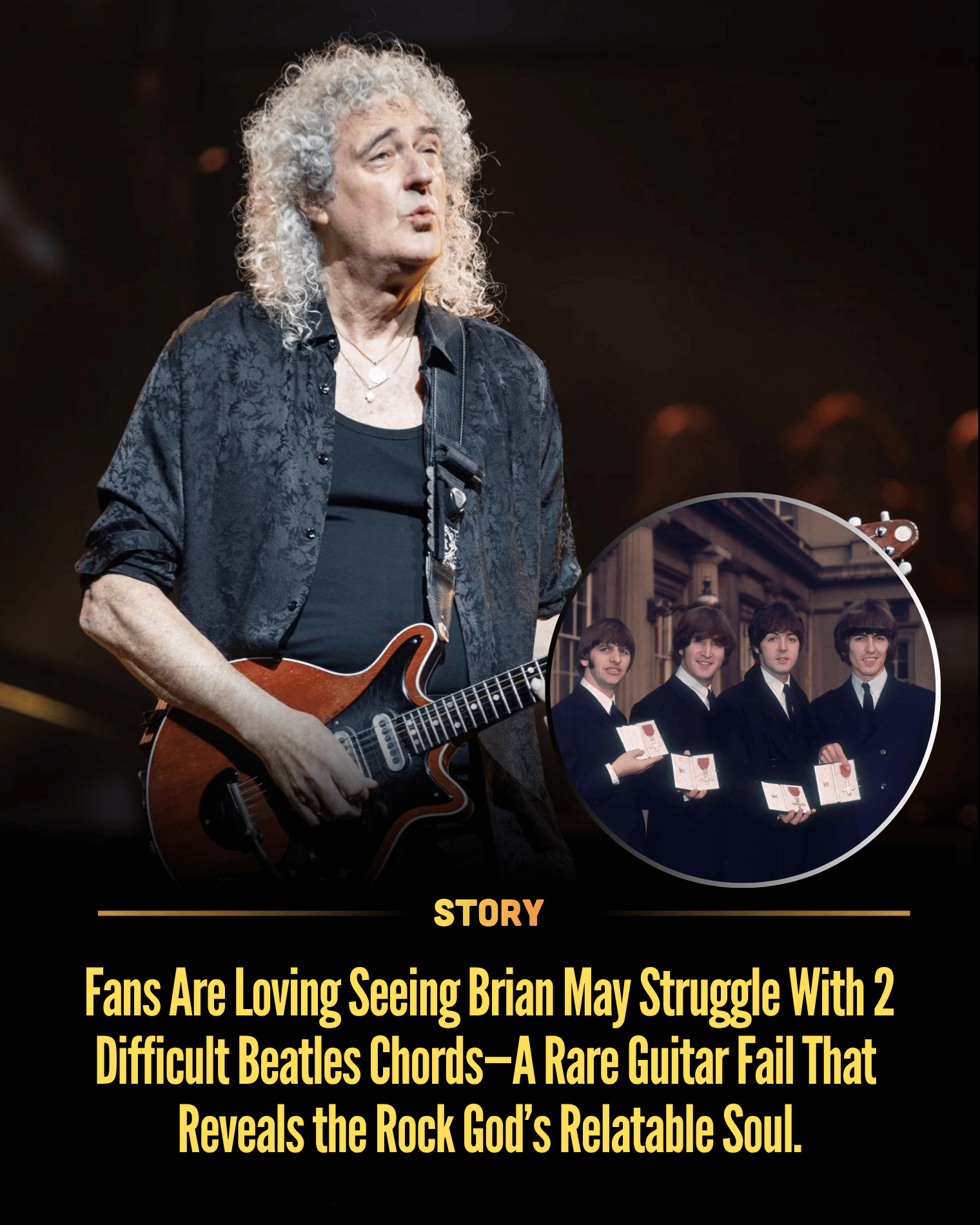 Fans Are Loving Seeing Brian May Struggle With 2 Difficult Beatles Chords—A Rare Guitar Fail That Reveals the Rock God’s Relatable Soul.