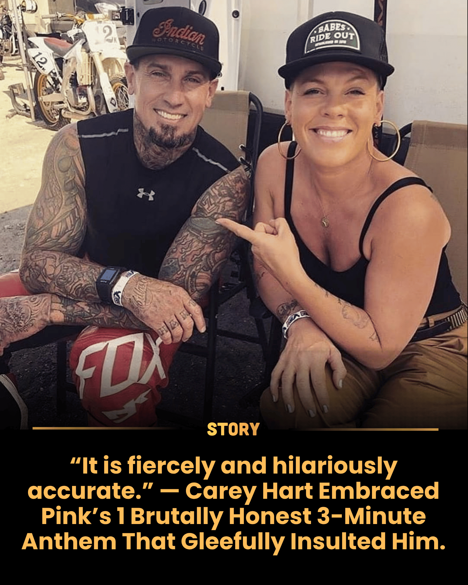 “It is fiercely and hilariously accurate.” — Carey Hart Embraced Pink’s 1 Brutally Honest 3-Minute Anthem That Gleefully Insulted Him.