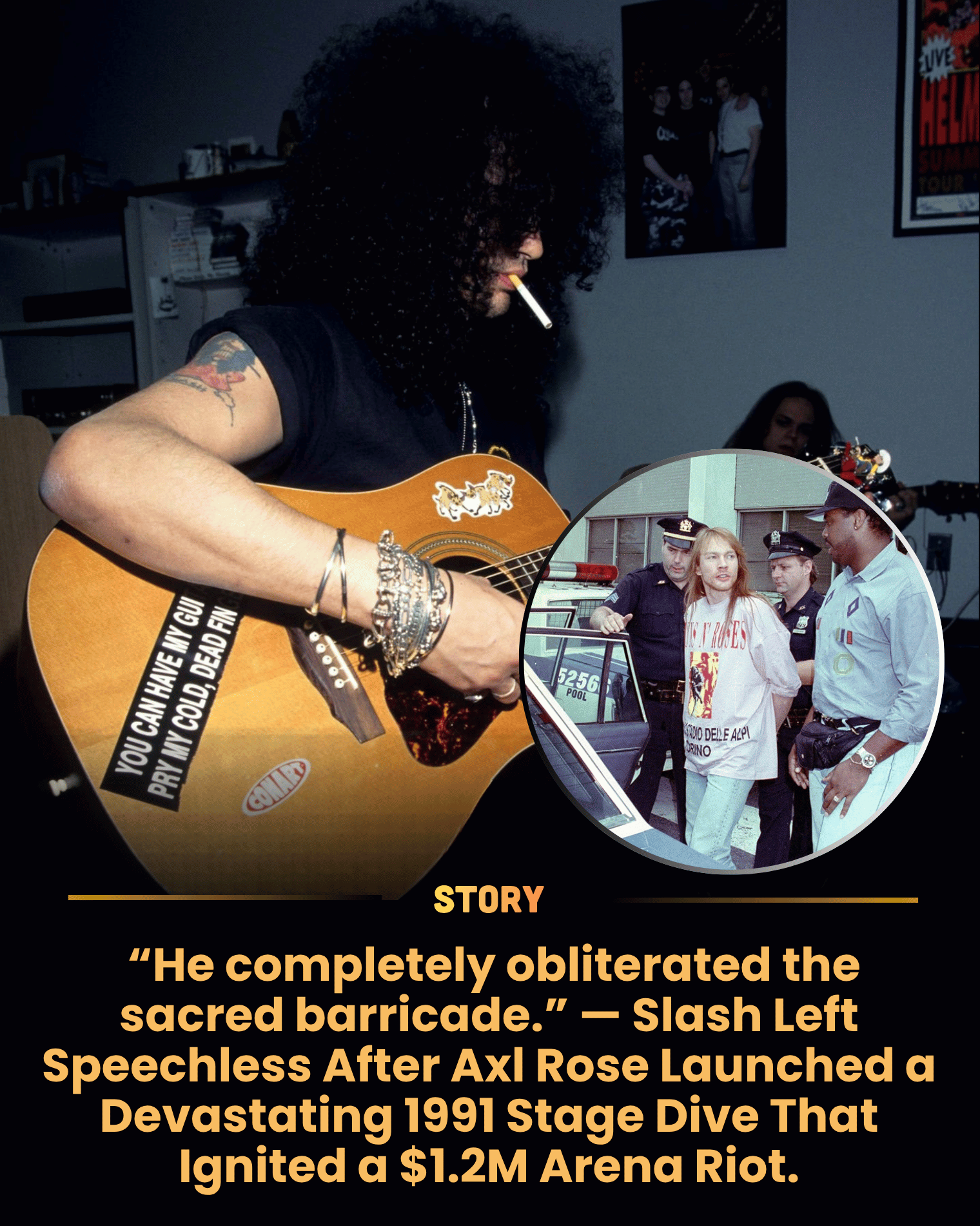 “He completely obliterated the sacred barricade.” — Slash Left Speechless After Axl Rose Launched a Devastating 1991 Stage Dive That Ignited a $1.2M Arena Riot.