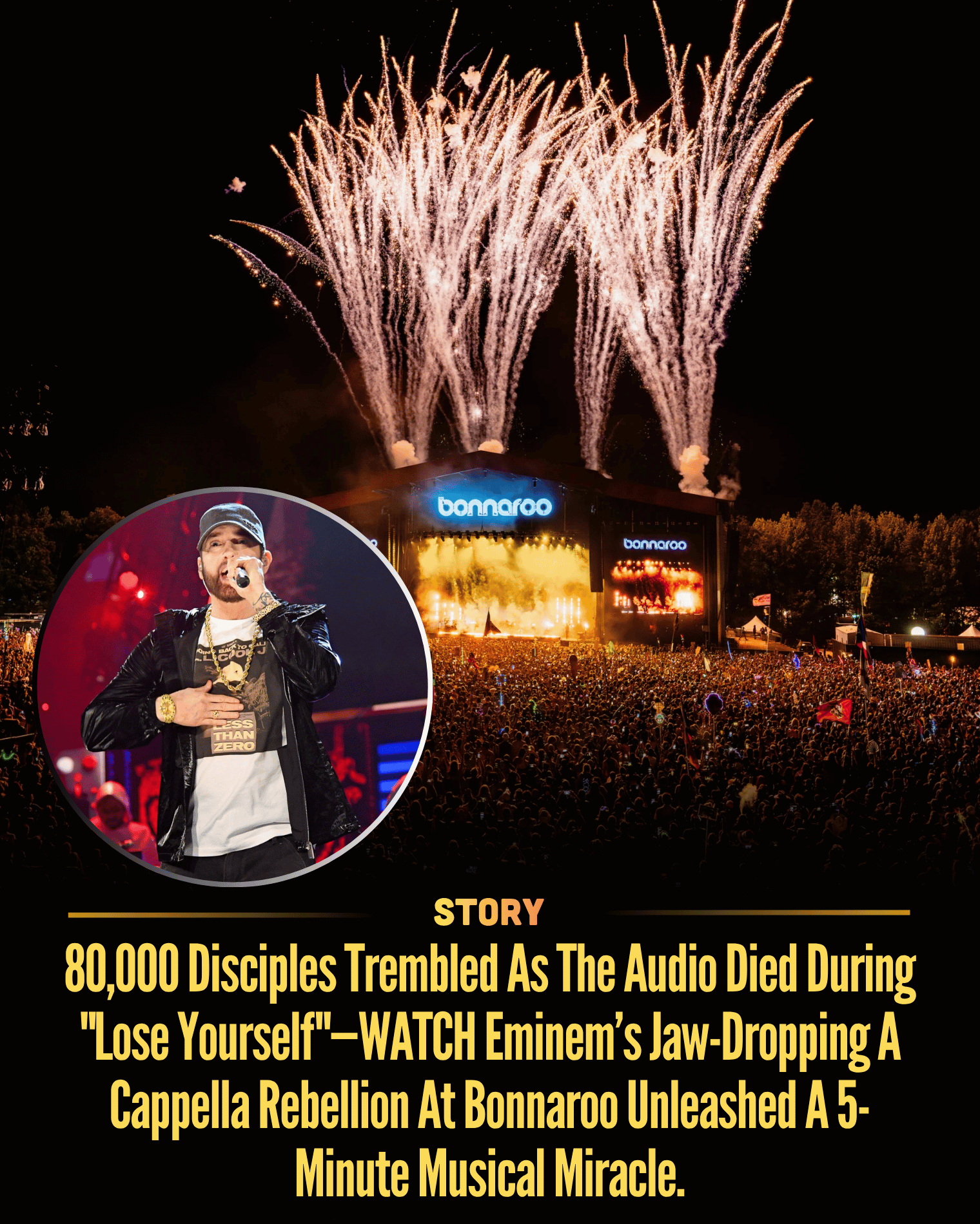 80,000 Disciples Trembled As The Audio Died During “Lose Yourself”—WATCH Eminem’s Jaw-Dropping A Cappella Rebellion At Bonnaroo Unleashed A 5-Minute Musical Miracle.