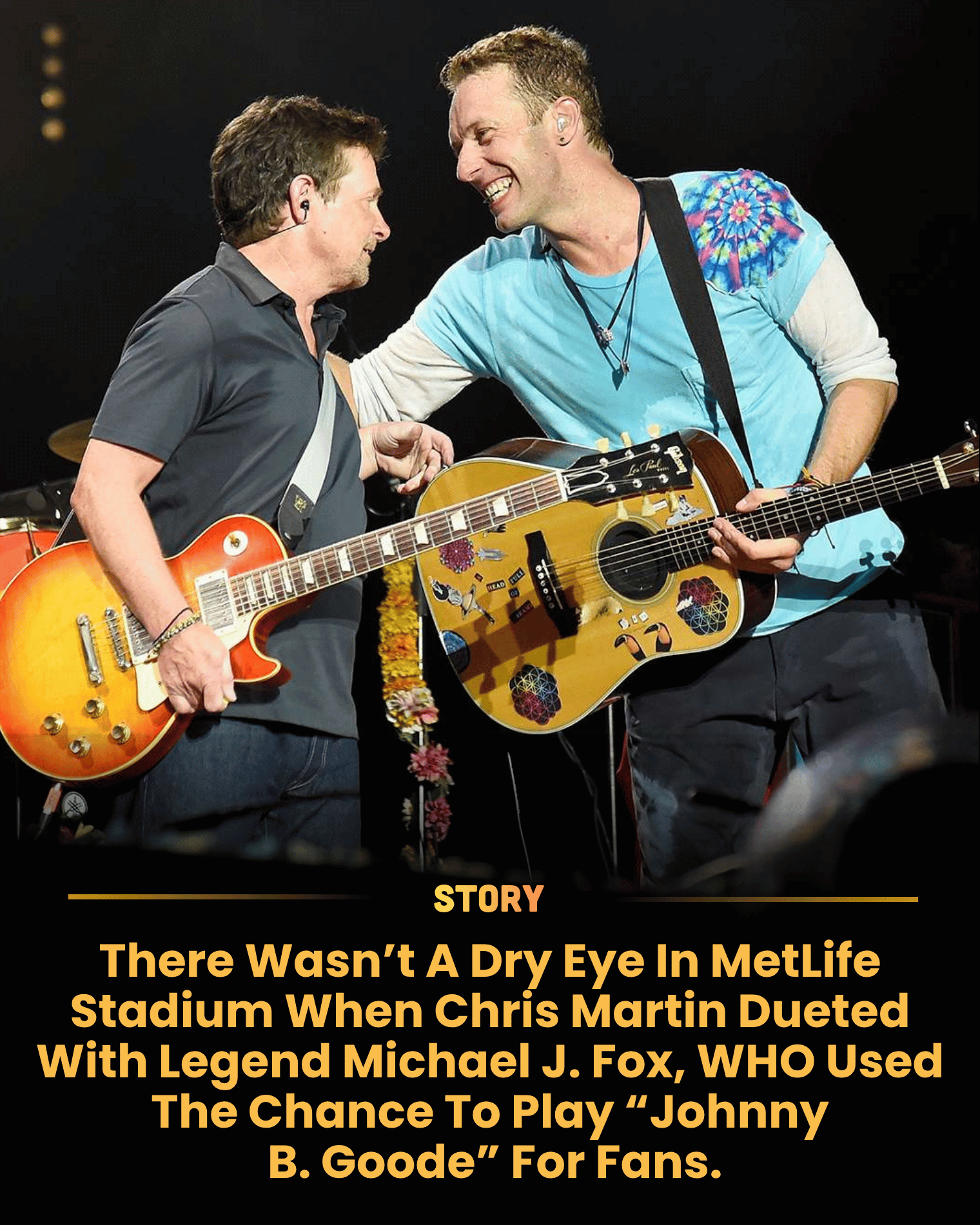 There Wasn’t A Dry Eye In MetLife Stadium When Chris Martin Dueted With Legend Michael J. Fox, WHO Used The Chance To Play “Johnny B. Goode” For Fans.