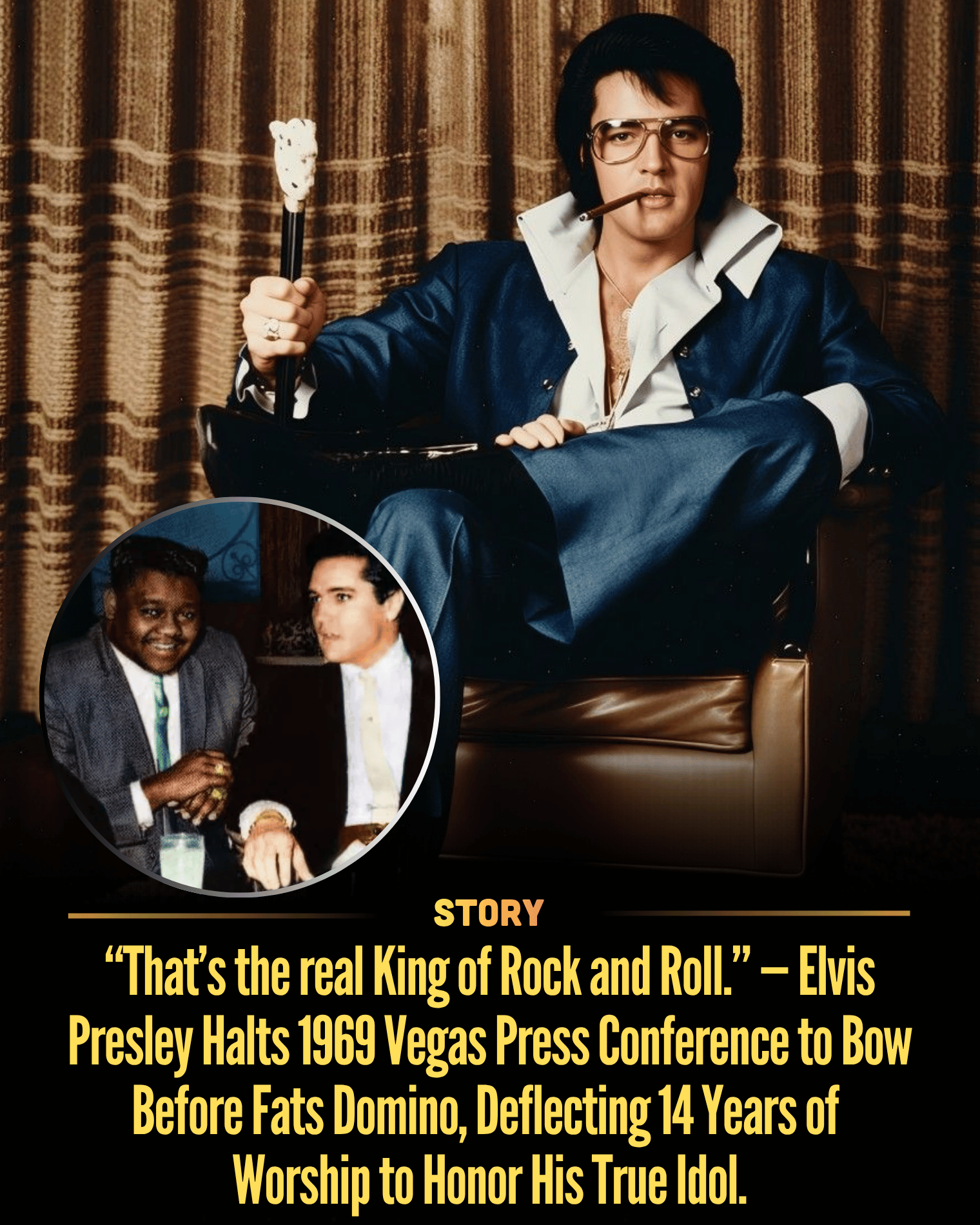 “That’s the real King of Rock and Roll.” — Elvis Presley Halts 1969 Vegas Press Conference to Bow Before Fats Domino, Deflecting 14 Years of Worship to Honor His True Idol.