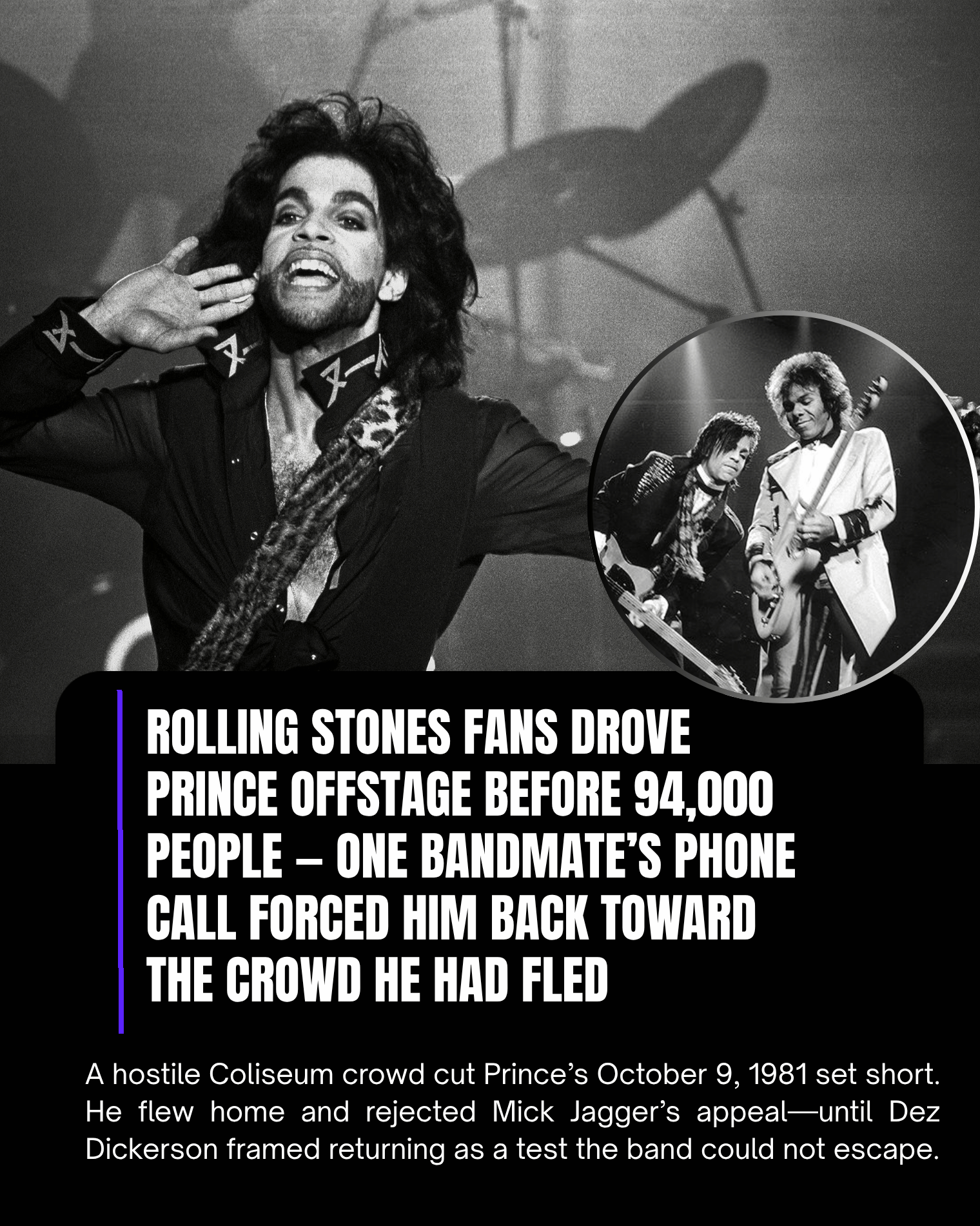 Rolling Stones Fans Drove Prince Offstage Before 94,000 People — One Bandmate’s Phone Call Forced Him Back Toward the Crowd He Had Fled